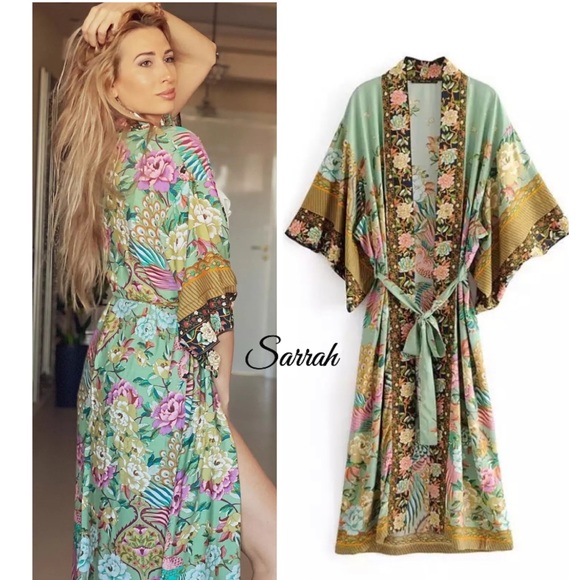 New Floral Bohemian Peacock Kimono Duster Jacket Robe Swim Cover - Picture 2 of 13
